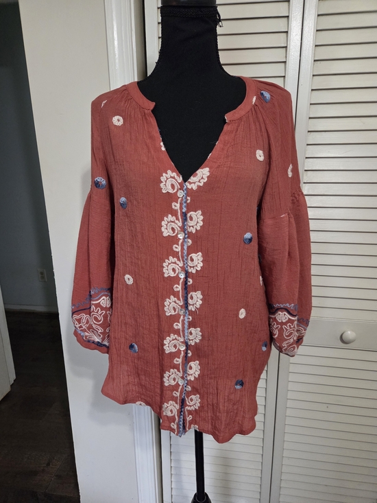 figueroa & flower Tops - Embroidered Rust Blouse with Blue Accents